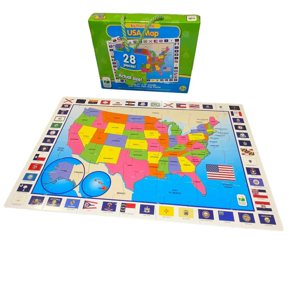 The Learning Journey 28-Piece USA Map Big Floor Puzzle 21"x14" State Flags EUC